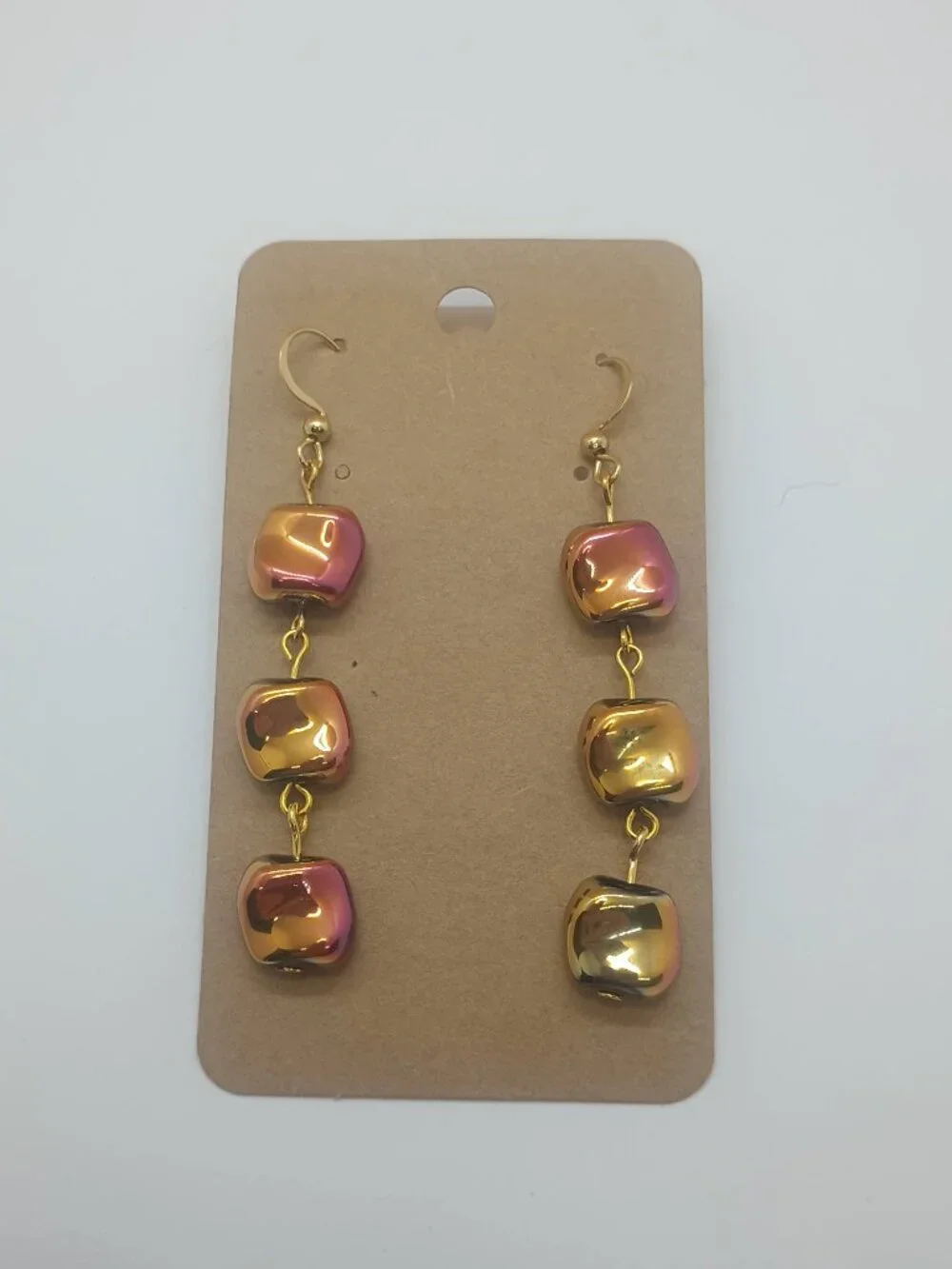 Pink and Gold Iridescent 3 Bead Dangle Earrings - Picture 4 of 6